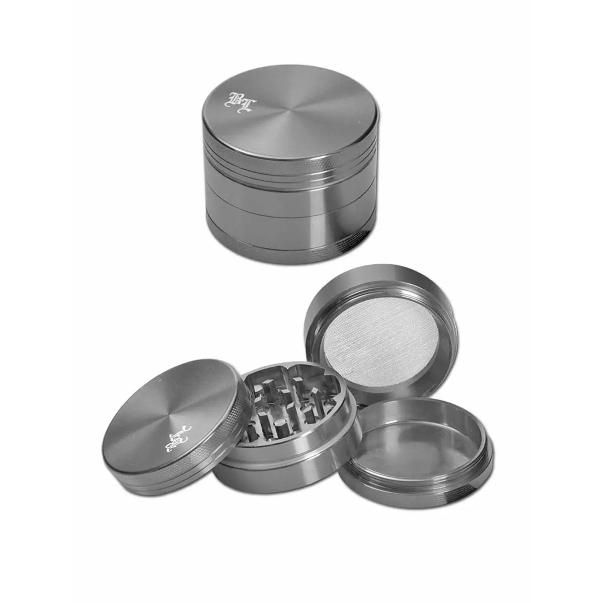 Grinder con tamiz de aluminio Black Leaf BL 4 piezas con cierre magnético