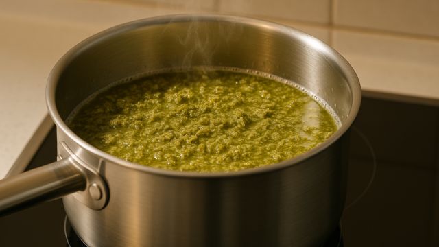 Topf mit Cannabis und Butter auf einem Herd