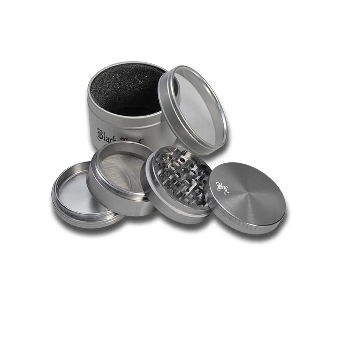 Grinder con tamiz de aluminio Black Leaf BL 4 piezas con cierre magnético
