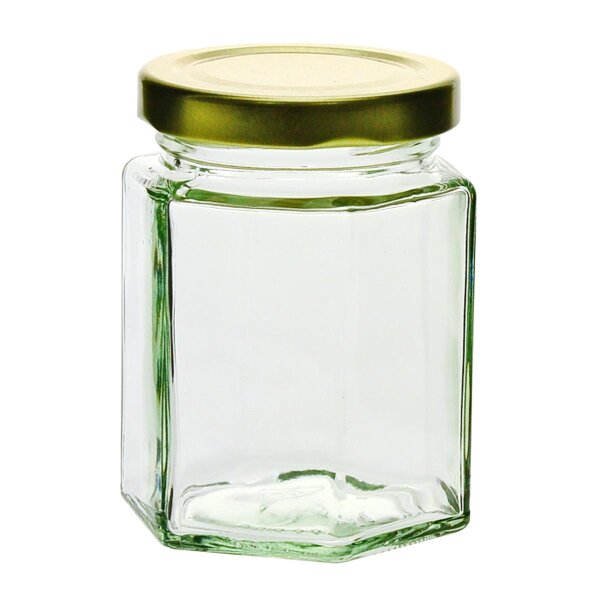 Tarro hexagonal,196 ml con tapón de rosca de oro