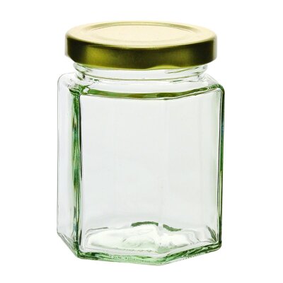 Tarro hexagonal,196 ml con tapón de rosca de oro
