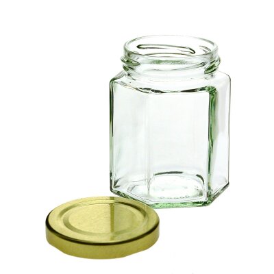 Tarro hexagonal,196 ml con tapón de rosca de oro