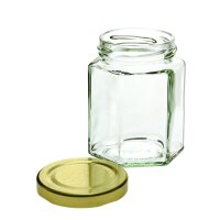 Tarro hexagonal,196 ml con tapón de rosca de oro